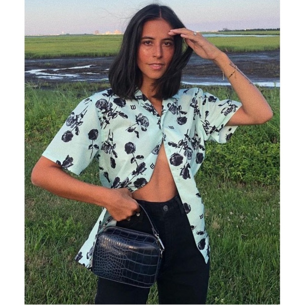 Urban Outfitters Wasted Paris Mint Green Rose Print Short Sleeve Button Down XS